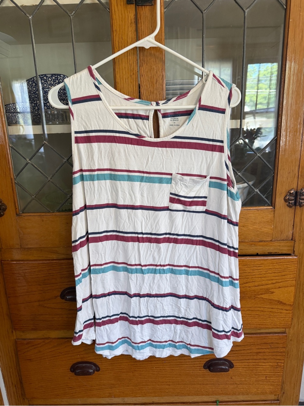 Market & Spruce White Tank with Teal and Burgundy Stripes